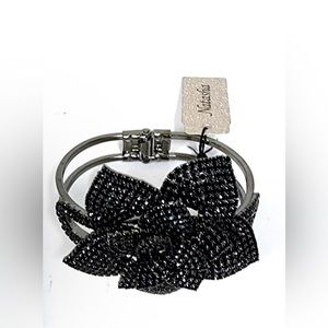 Pave Black Crystal Flower Bracelet Cuff Natasha Couture NEW Rhinestone Valentine